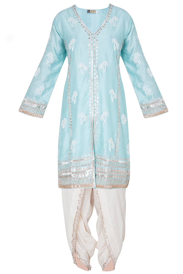 Turquoise embroidered tussar silk kurta set by GOPI VAID