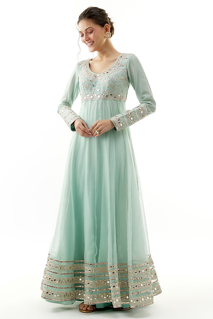 Blue Tussar Mirror Embroidered Bridal Anarkali Set by Gopi Vaid at Pernia's Pop Up Shop