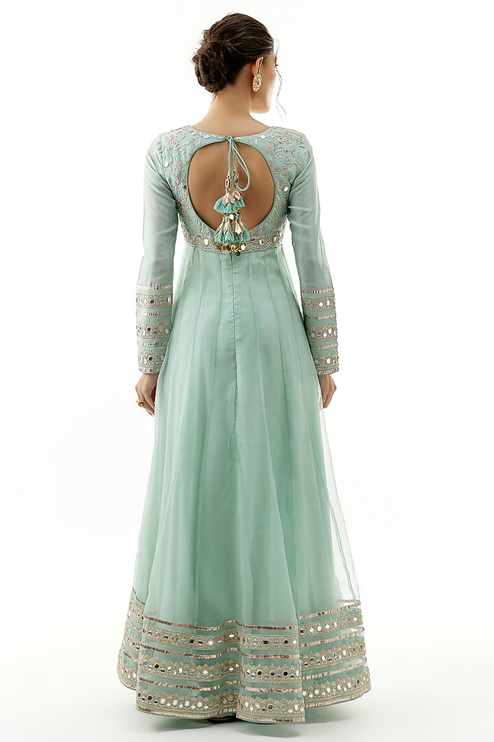 Blue Tussar Mirror Embroidered Bridal Anarkali Set by Gopi Vaid at Pernia's Pop Up Shop