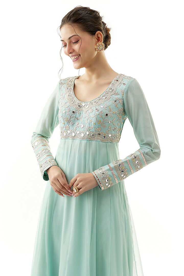 Blue Tussar Mirror Embroidered Bridal Anarkali Set by Gopi Vaid at Pernia's Pop Up Shop