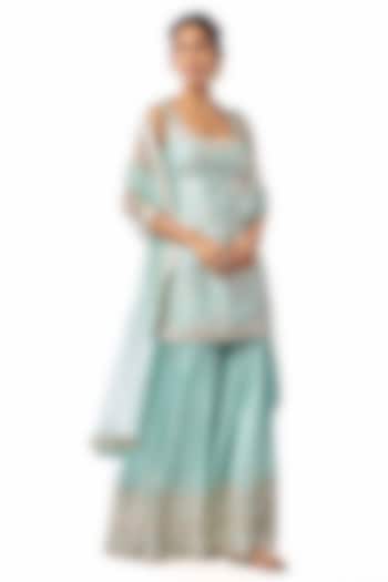 Blue Georgette Mirror Embroidered Wedding Sharara Set by GOPI VAID at Pernia's Pop Up Shop