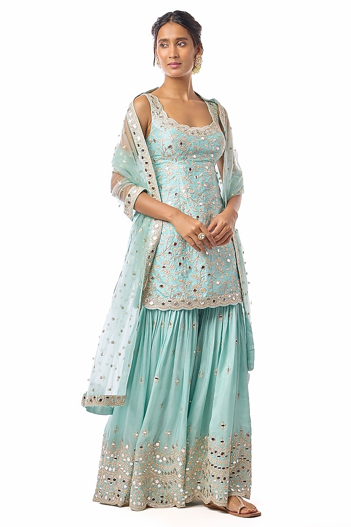 Blue Georgette Mirror Embroidered Wedding Sharara Set by GOPI VAID at Pernia's Pop Up Shop