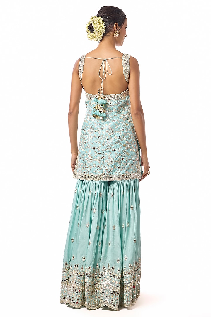 Blue Georgette Mirror Embroidered Wedding Sharara Set by GOPI VAID at Pernia's Pop Up Shop
