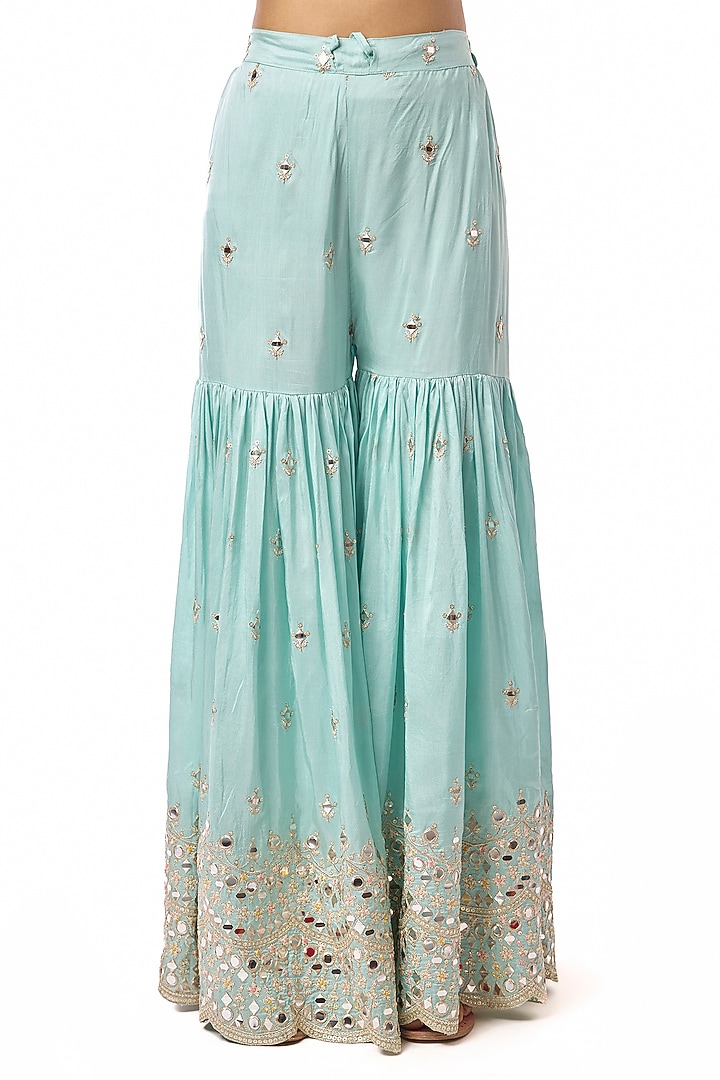 Blue Georgette Mirror Embroidered Wedding Sharara Set by GOPI VAID at Pernia's Pop Up Shop