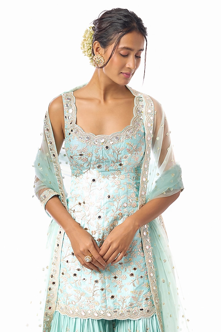 Blue Georgette Mirror Embroidered Wedding Sharara Set by GOPI VAID at Pernia's Pop Up Shop