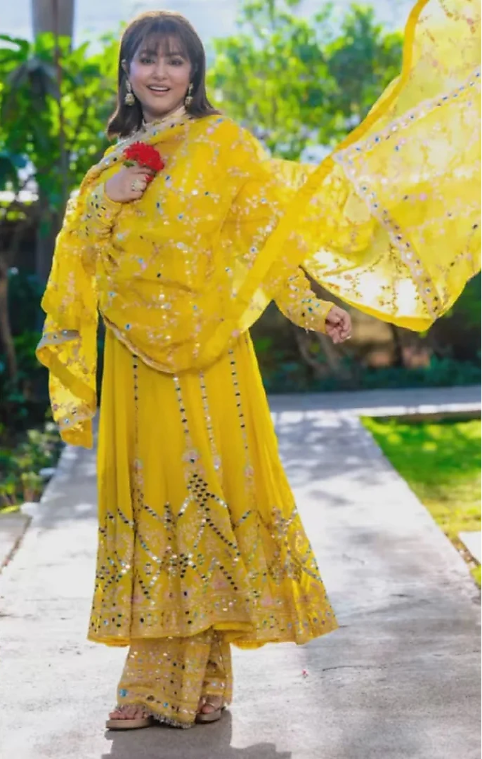 Yellow Georgette Mirror Embroidered Wedding Anarkali Set by GOPI VAID at Pernia's Pop Up Shop
