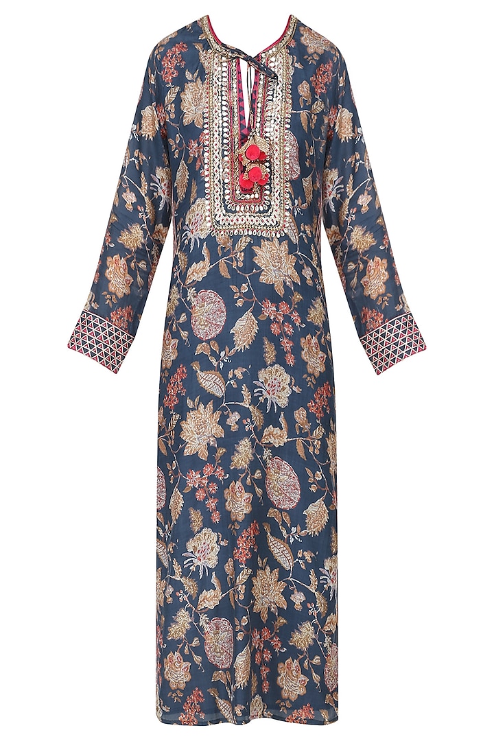 Teal Floral Print Embroidered Kurta by GOPI VAID