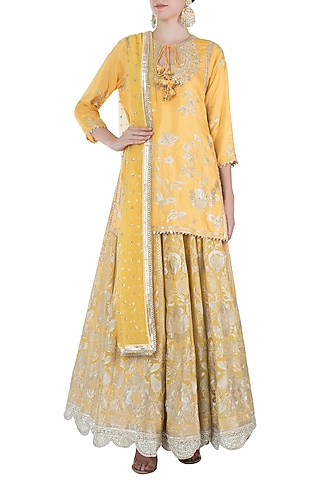 Yellow Embroidered Kurta with Lehenga Skirt Set by GOPI VAID