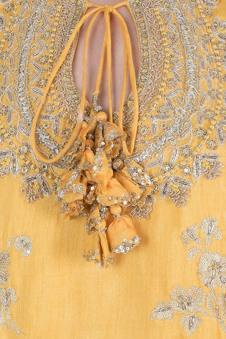 Yellow embroidered kurta with lehenga skirt set available only at Pernia's Pop Up Shop.