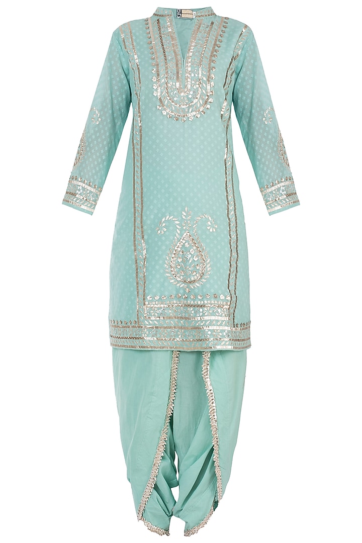 Turquoise Embroidered Kurta with Dhoti Pants Set by GOPI VAID