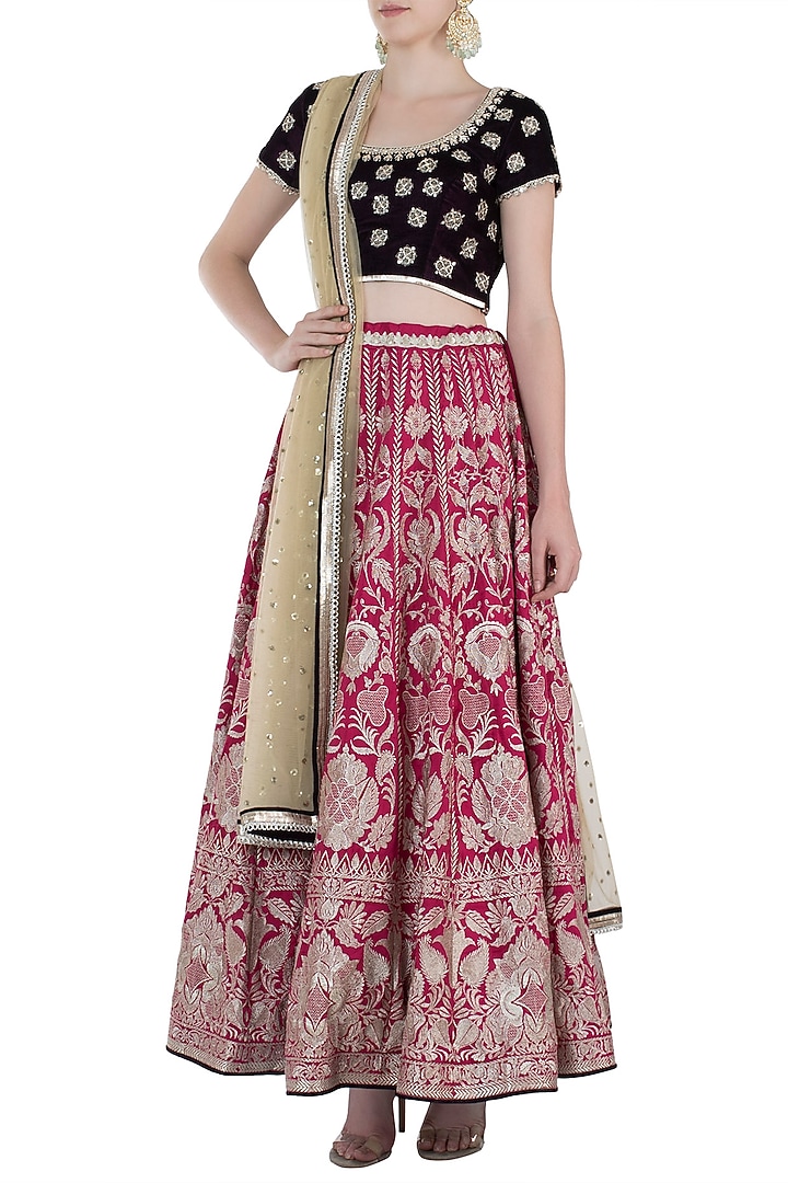 Rani pink and wine embroidered lehenga set available only at Pernia's Pop Up Shop.