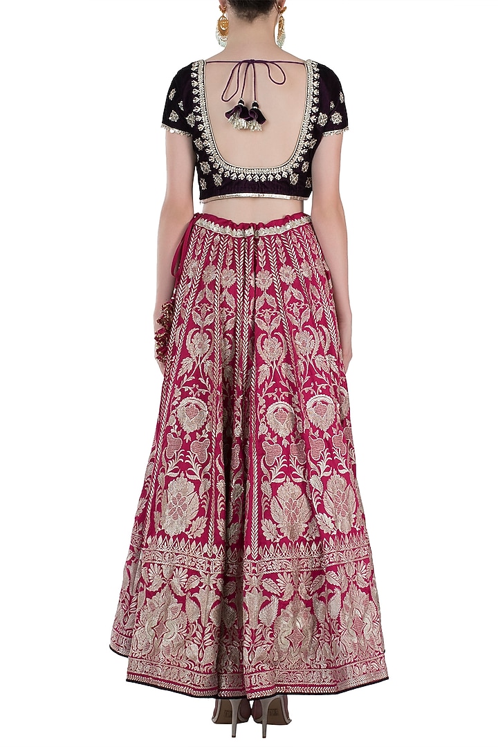 Rani pink and wine embroidered lehenga set available only at Pernia's Pop Up Shop.