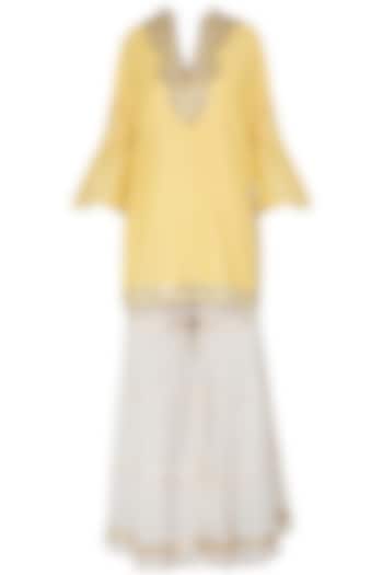 Yellow Embroidered Kurta with Off White Sharara Pants Set by GOPI VAID