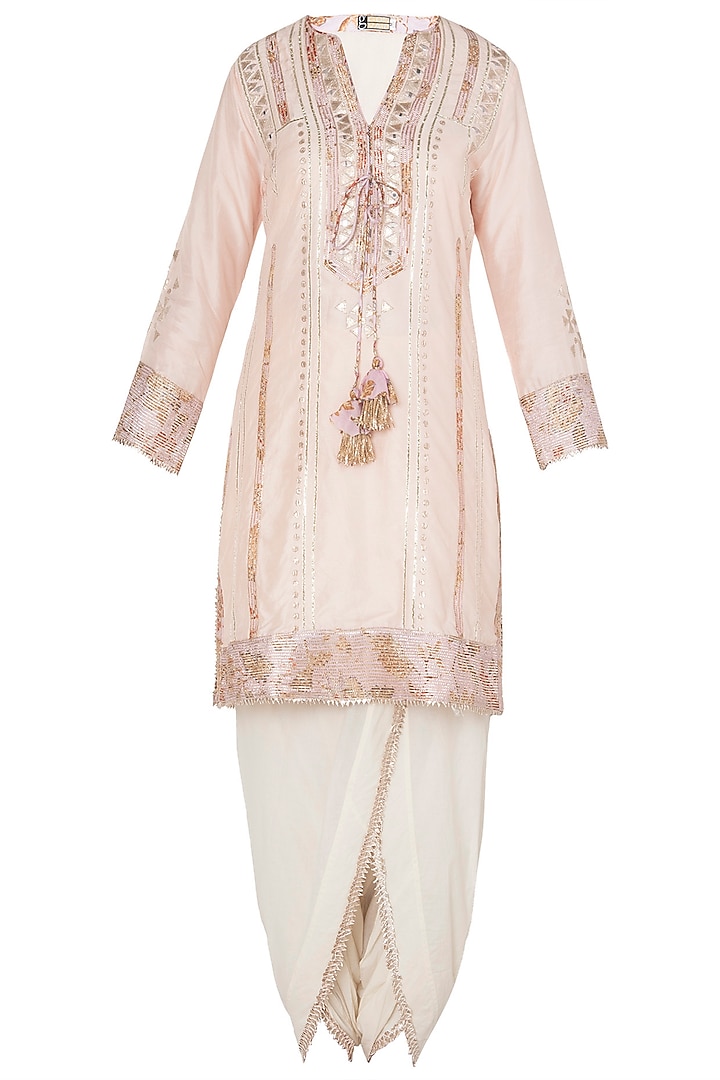 Off White Embroidered Kurta Set with A Triangle Scarf by GOPI VAID