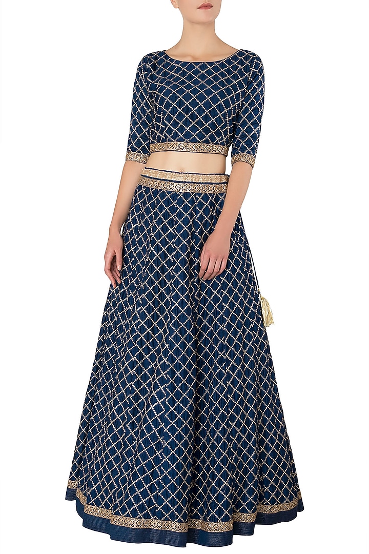 Navy blue embroidered lehenga set available only at Pernia's Pop Up Shop.