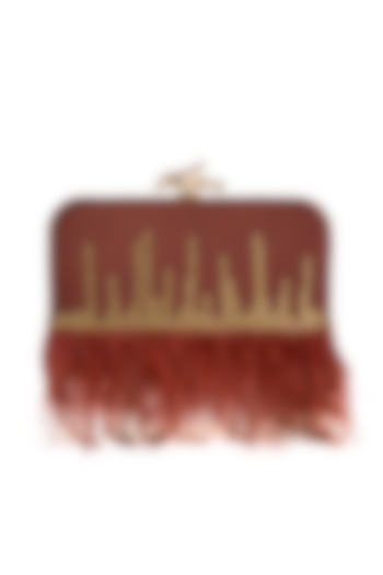Rust Red Embroidered Feathers Clutch by Durvi