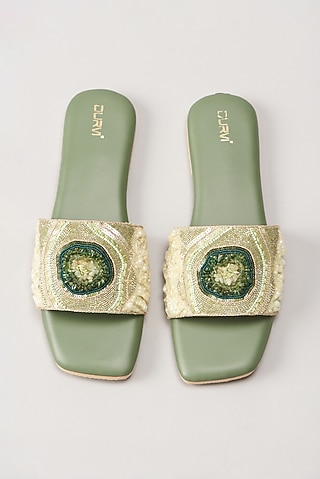 Green Embellished Flats by Durvi