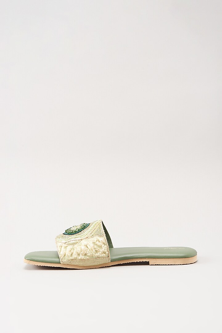 Green Embellished Flats by Durvi at Pernia's Pop Up Shop