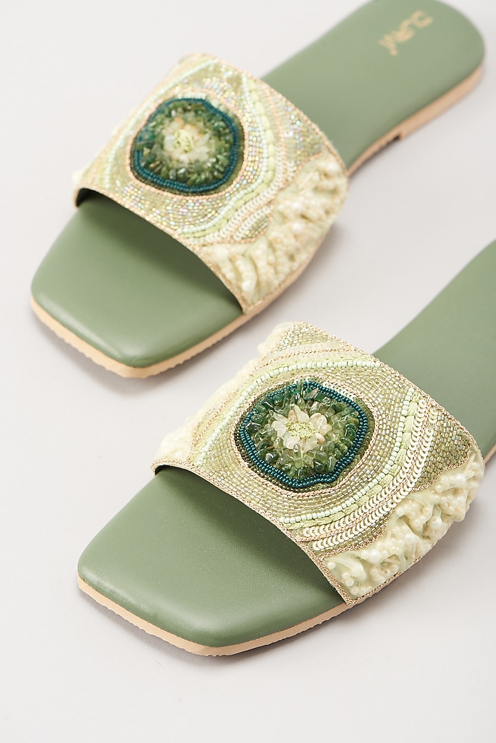 Green Embellished Flats by Durvi at Pernia's Pop Up Shop