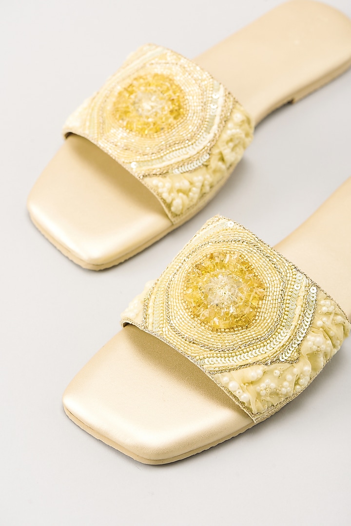 Yellow Embellished Flats by Durvi at Pernia's Pop Up Shop