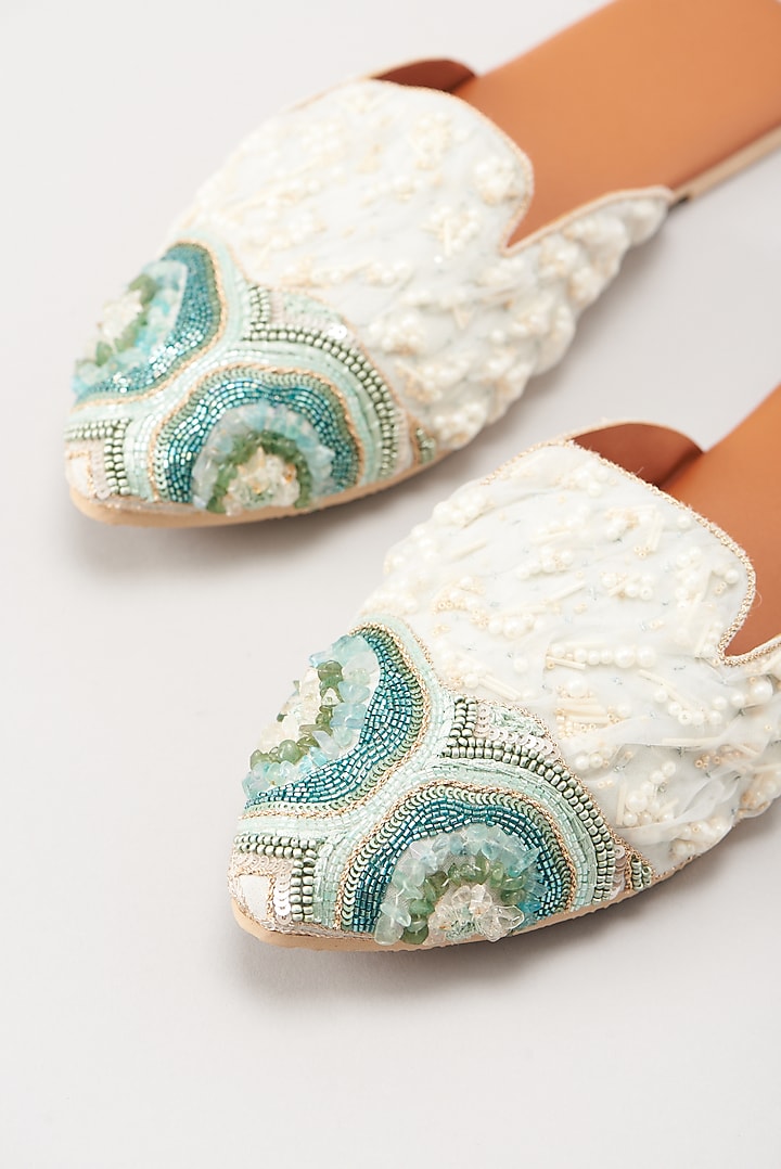 Blue & White Embellished Flats by Durvi at Pernia's Pop Up Shop