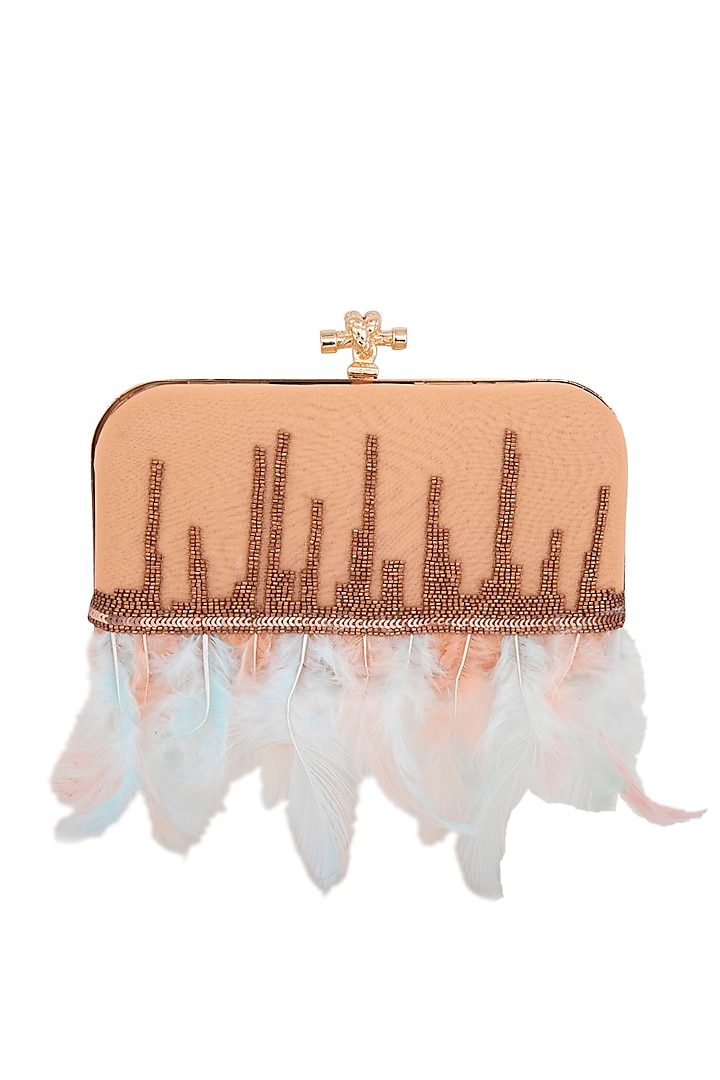 Peach & Blue Feather Embroidered Clutch by Durvi
