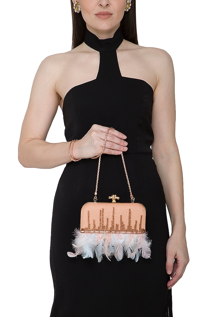 Peach & Blue Feather Embroidered Clutch by Durvi at Pernia's Pop Up Shop