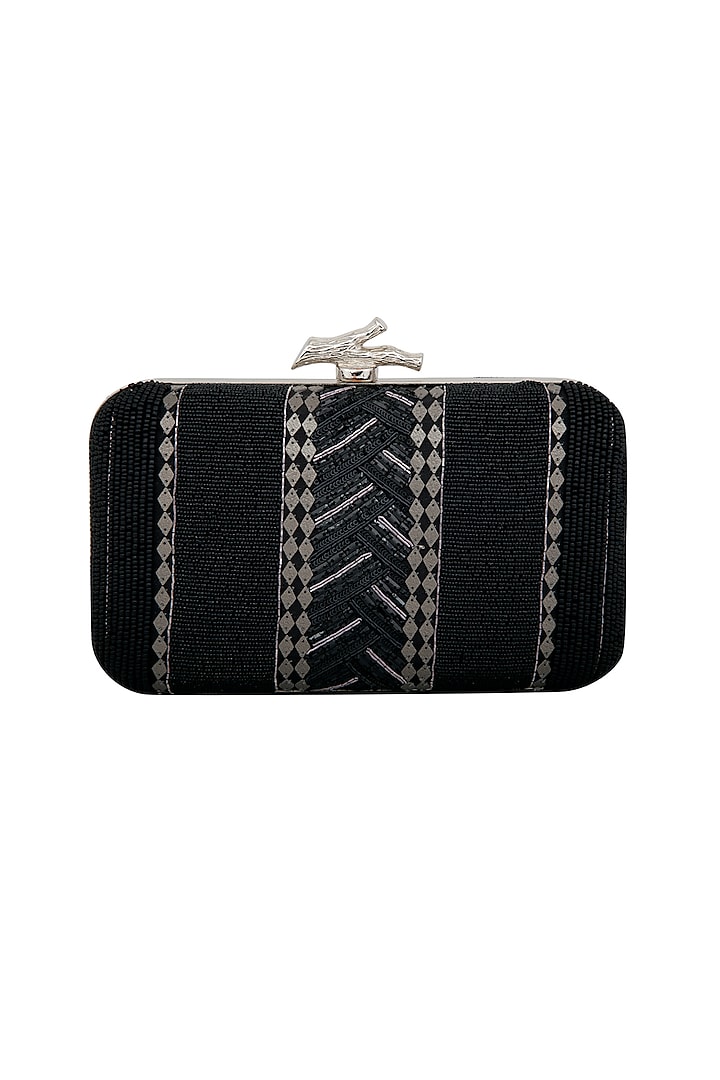 Black Embroidered Box Clutch by Durvi