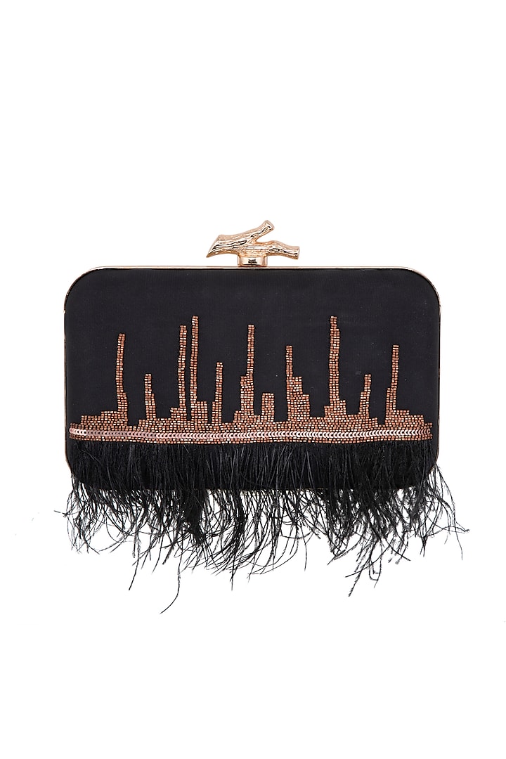 Black & Rose Gold Feather Embroidered Clutch by Durvi