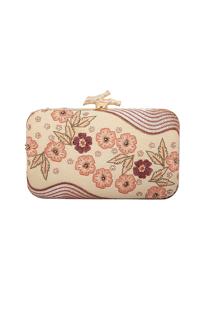 Peach & Cream Embroidered Clutch by Durvi