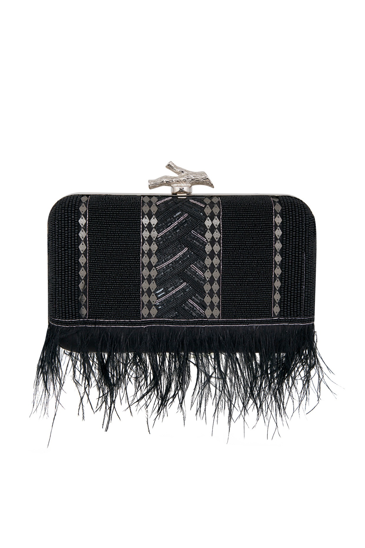 black feather clutch