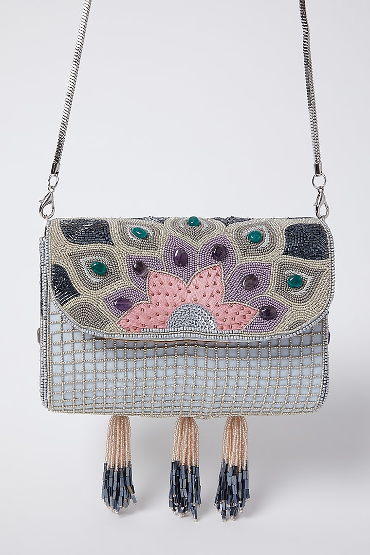 Pearl White Embroidered Clutch by Durvi