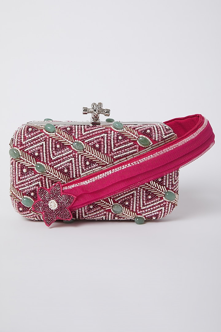 Hot Pink Bugle Bead Embroidered Clutch by Durvi