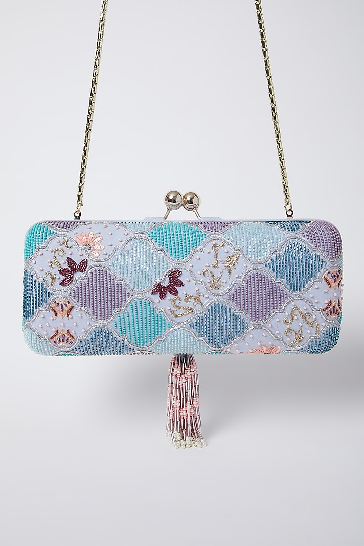 Pearl White & Sky Blue Embroidered Clutch by Durvi