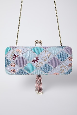 Pearl White & Sky Blue Embroidered Clutch by Durvi