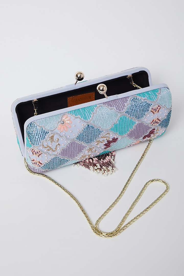 Pearl White & Sky Blue Embroidered Clutch by Durvi at Pernia's Pop Up Shop