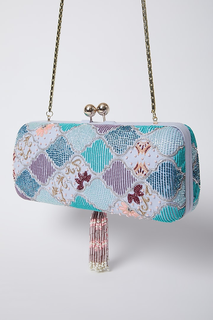 Pearl White & Sky Blue Embroidered Clutch by Durvi at Pernia's Pop Up Shop