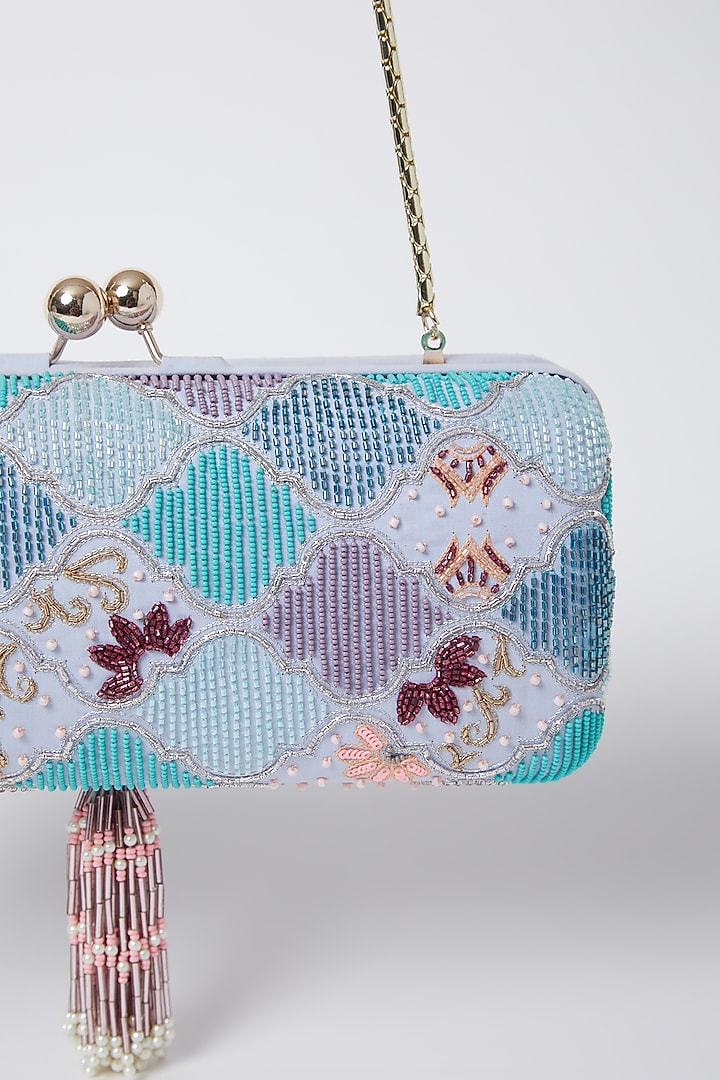 Pearl White & Sky Blue Embroidered Clutch by Durvi at Pernia's Pop Up Shop
