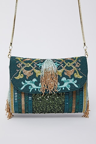 Emerald Green Embroidered Clutch by Durvi