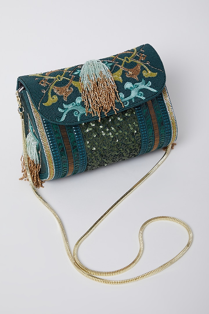 Emerald Green Embroidered Clutch by Durvi at Pernia's Pop Up Shop