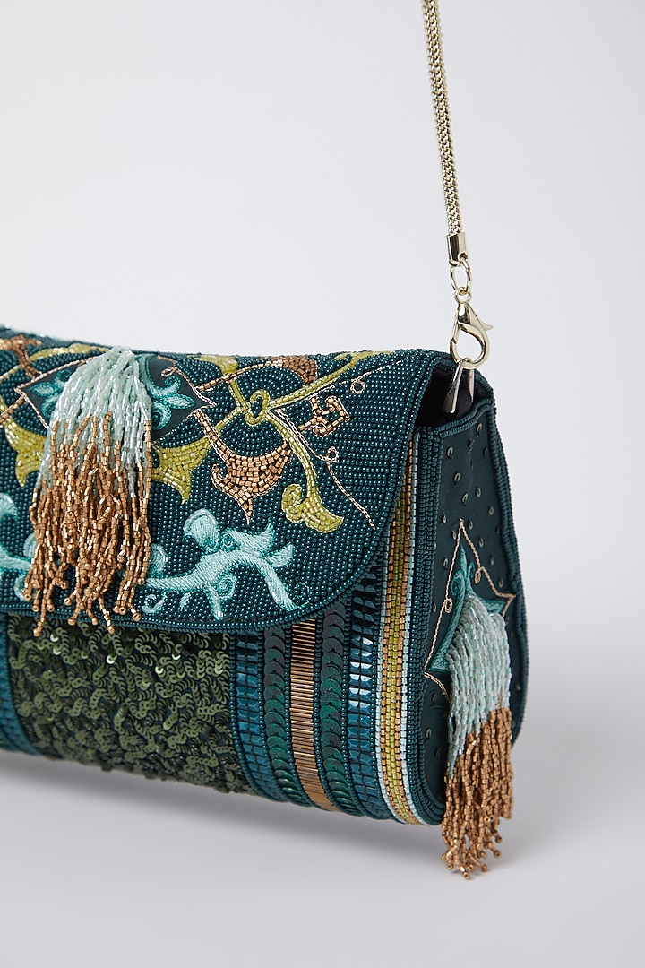 Emerald Green Embroidered Clutch by Durvi at Pernia's Pop Up Shop