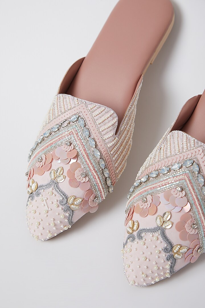 Salmon Pink Embroidered Mules by Durvi at Pernia's Pop Up Shop