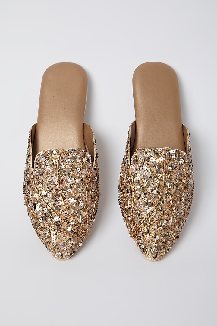 Apricot Sequins Embroidered Mules by Durvi