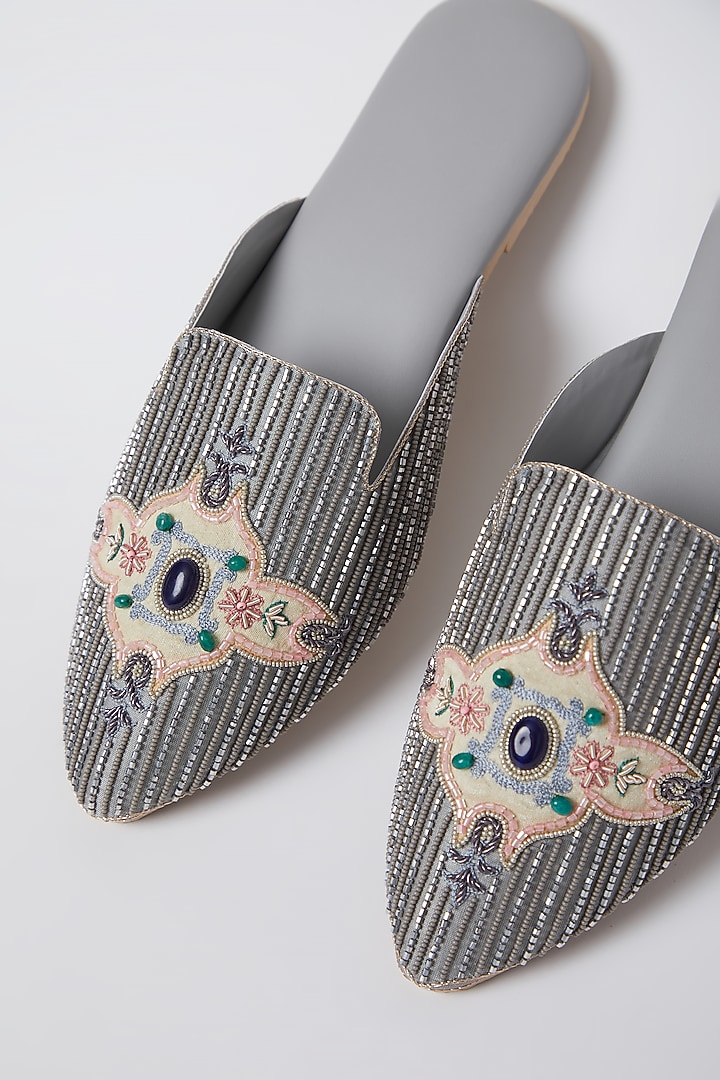 Cloud Blue Bead Embroidered Mules by Durvi at Pernia's Pop Up Shop