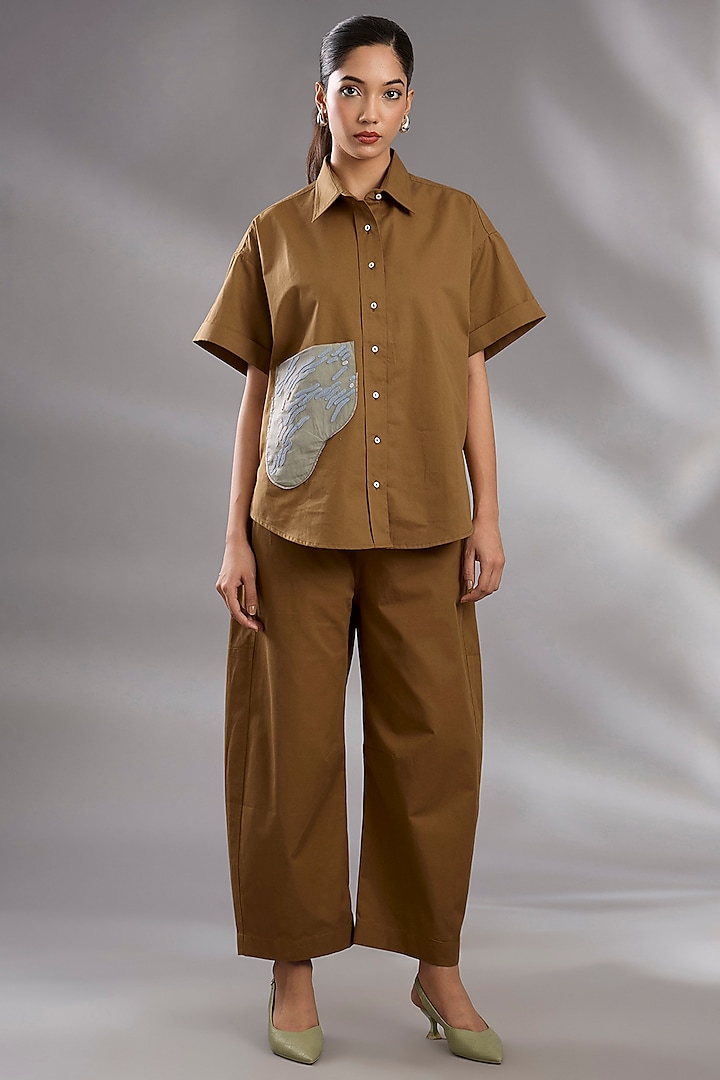 Camel Brown Cotton Chikankari Hand Embroidered Co-Ord Set by GRAINE at Pernia's Pop Up Shop