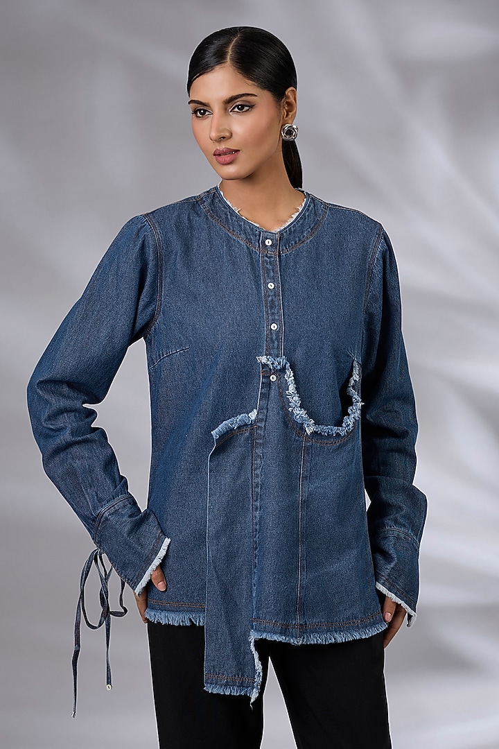 Blue Denim Asymmetrical Layered Shirt by GRAINE at Pernia's Pop Up Shop
