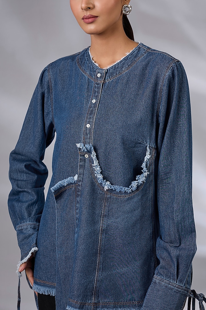 Blue Denim Asymmetrical Layered Shirt by GRAINE at Pernia's Pop Up Shop