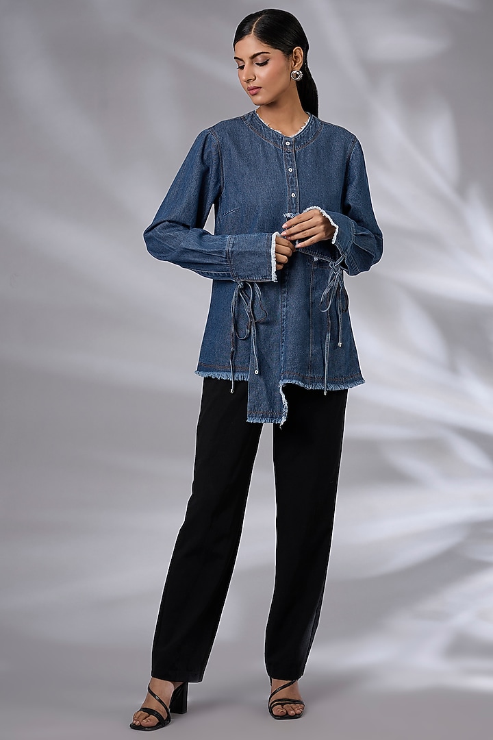 Blue Denim Asymmetrical Layered Shirt by GRAINE at Pernia's Pop Up Shop