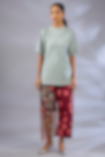 Olive Green Satin & Denim Embroidered Co-Ord Set by GRAINE at Pernia's Pop Up Shop