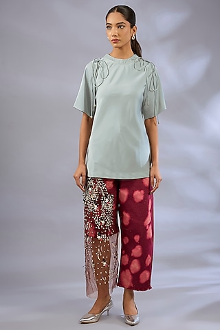 Olive Green Satin & Denim Embroidered Co-Ord Set by GRAINE 